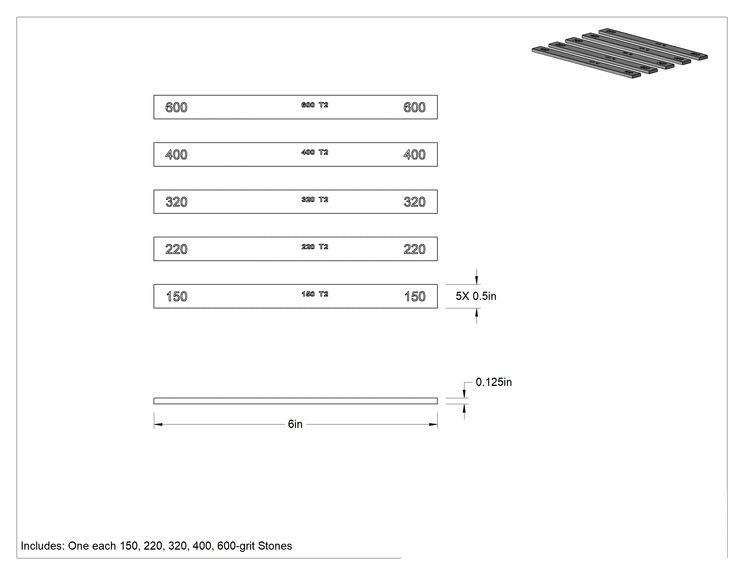 Teknik Çizim - Sert Metaller için Parlatma Taşı Seti, 5 Parça, 6" Uzunluk x 1/2" Genişlik x 1/8" Kalınlıkta Taşlar