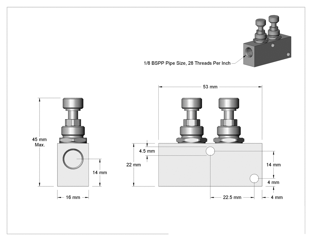 Teknik Çizim - Çift Kontrollü İki Yönlü Hava Akışı Kontrol Vanası, 1/8 BSPP Dişi