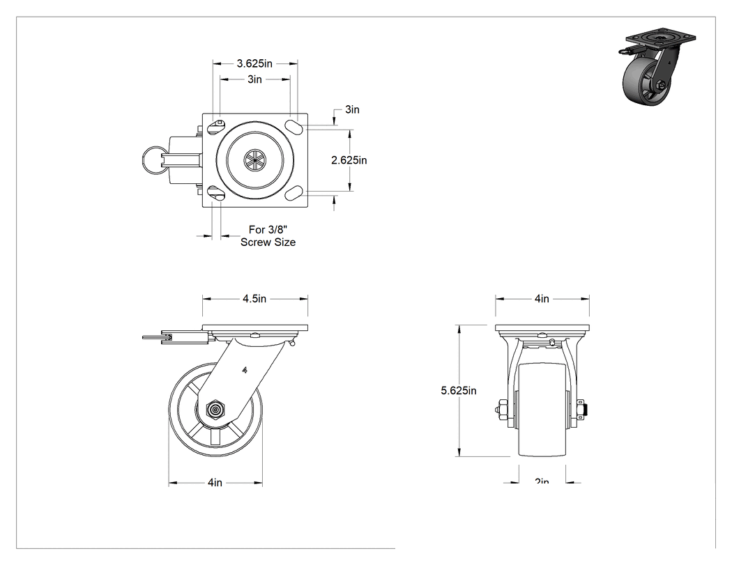 Teknik Çizim - 4-1/2" x 4" Montaj Plakalı Samson Tekerlek, Döner Kilitli ve 4 inç Çapında Polipropilen Tekerlekli Döner Tekerlek, Koruyuculu Rulman