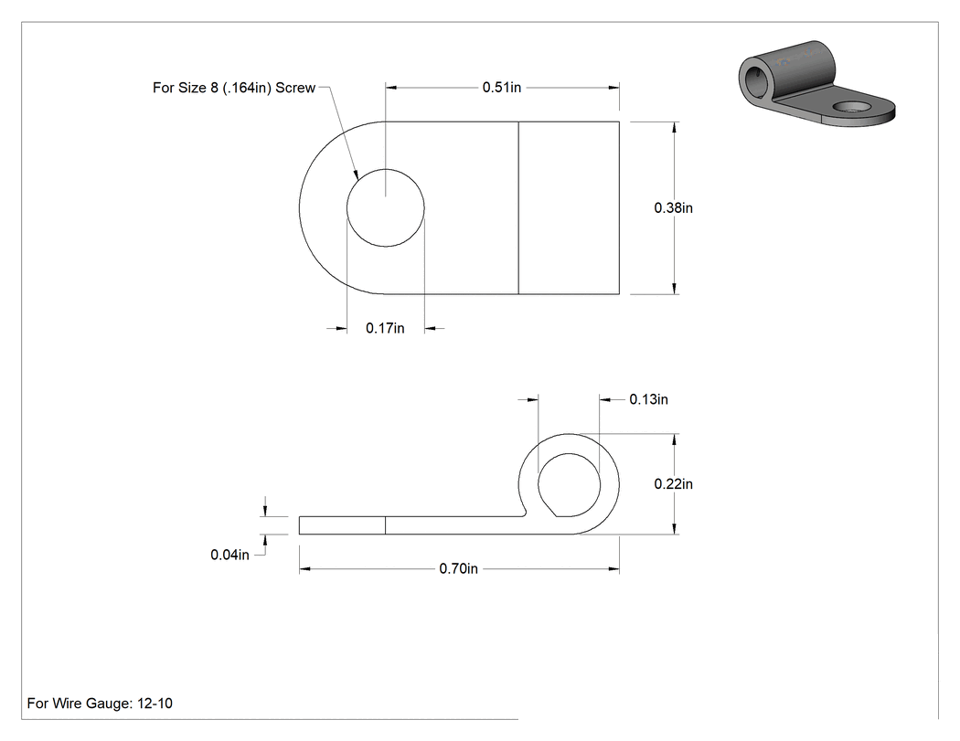 Teknik Çizim - 90 Derece Bayrak Halkalı Terminaller, 12-10 AWG ve 8 Numaralı Vida Boyutu için