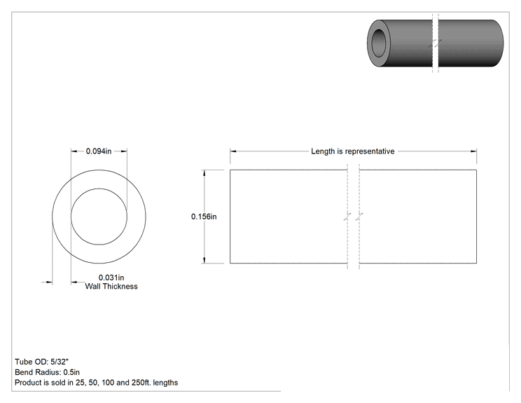 Teknik Çizim - Araç Hava Sistemleri için Sert Naylon Boru, Opak Siyah, 3/32" İç Çap, 5/32" Dış Çap
