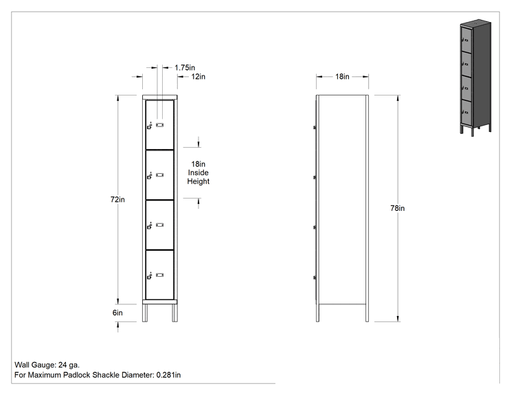 Teknik Çizim - Şeffaf Kilitli Dolap, Çıkarılabilir, 4 Aşağı x 1 Enine, 12 inç Genişlik x 18 inç Toplam Derinlik