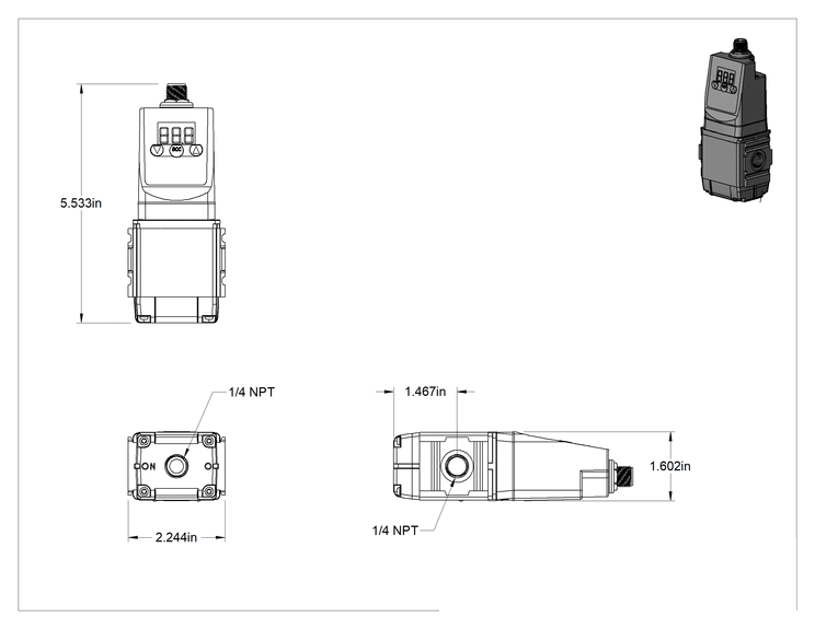 Teknik Çizim - Ekranlı Hassas Basınçlı Hava Regülatörü, Elektronik Kontrollü, 0-29 PSI, 1/4 NPT Dişi