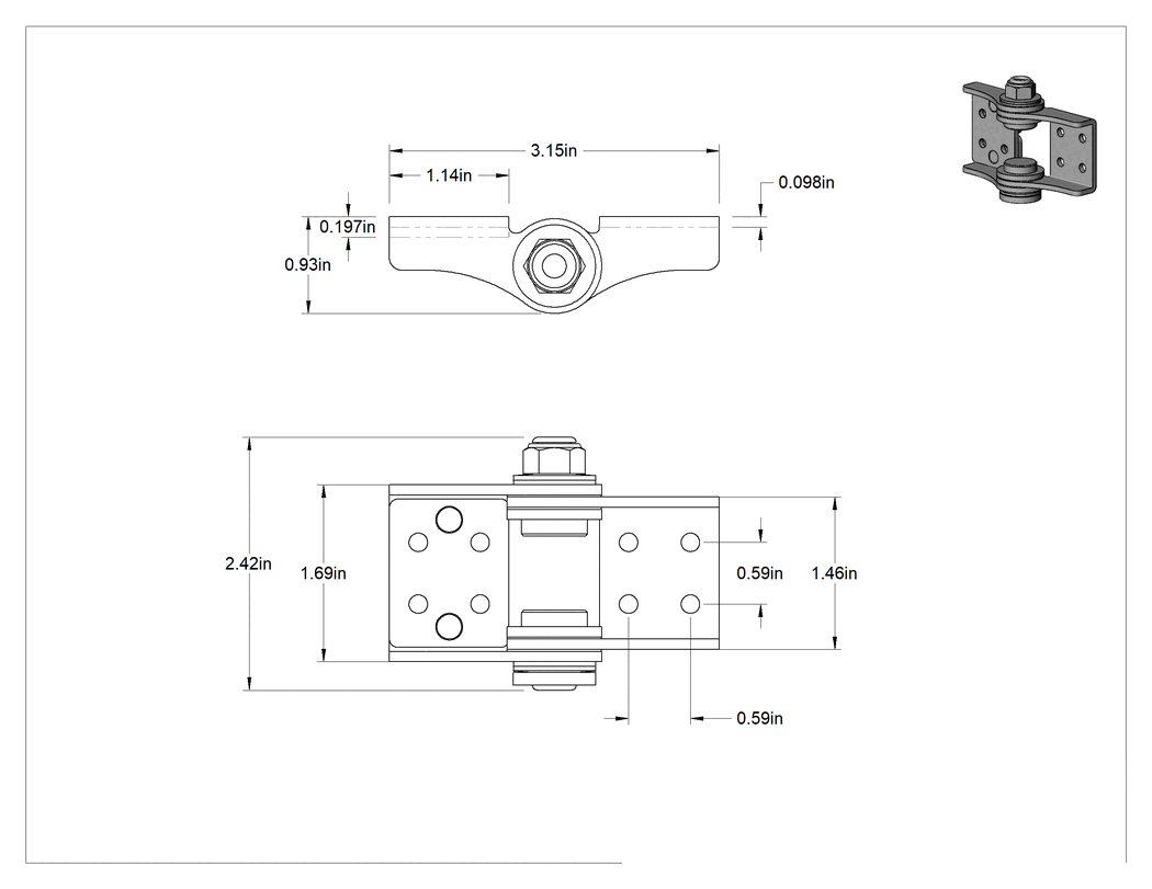 Teknik Çizim - Ayarlanabilir Sürtünmeli Menteşe, 430 Paslanmaz Çelik, 1-11/16" x 1-1/8" Kapı Kanadı