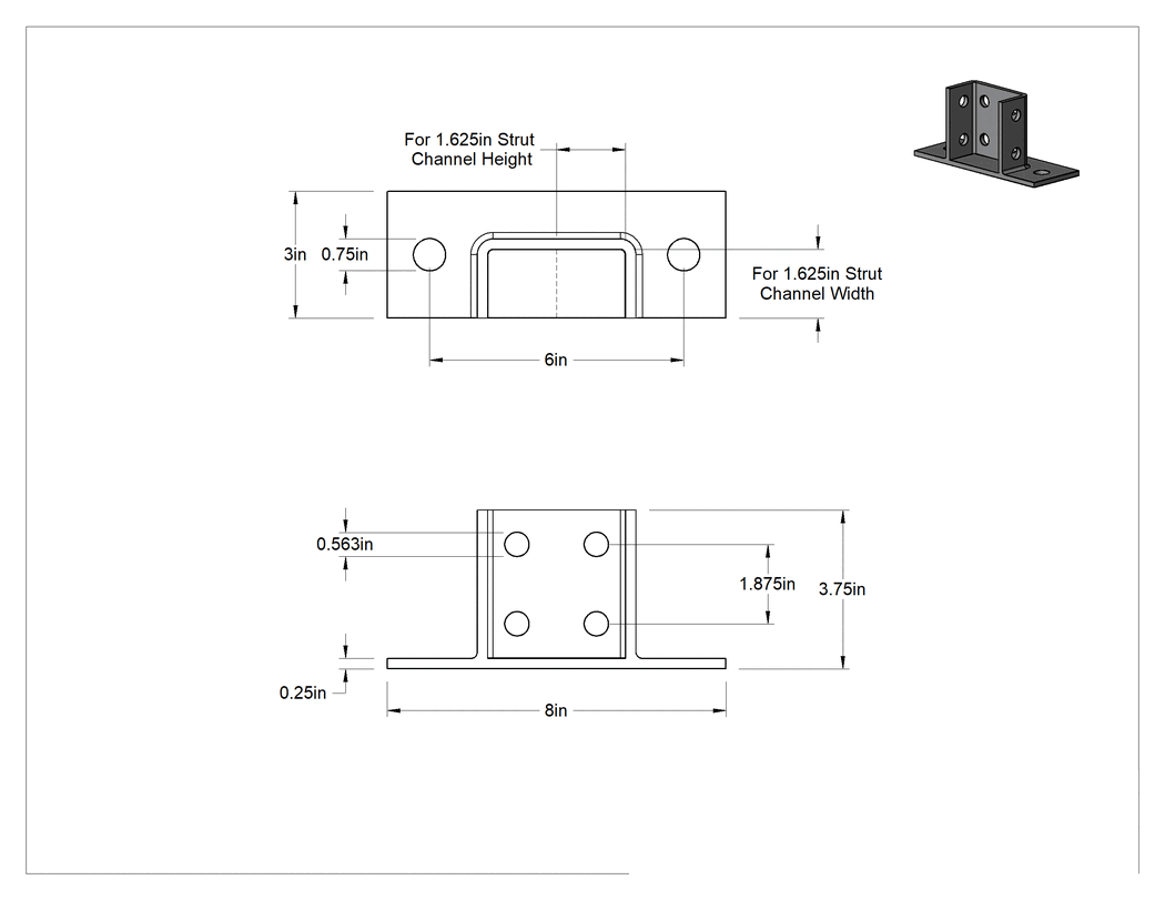 Teknik Çizim - Strut Kanalı Zemin Montajı, Yığılmış Kanal için, Düz Direk, 304 Paslanmaz Çelik, 8" Uzunluk