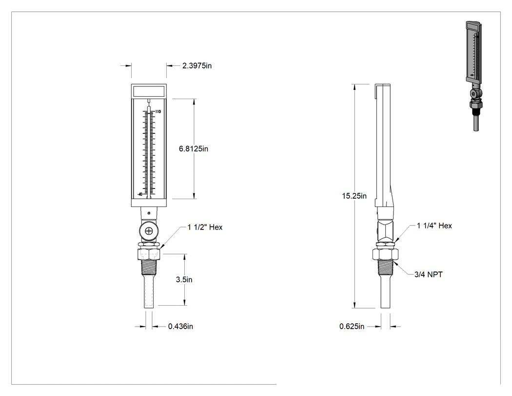 Teknik Çizim - Ayarlanabilir Açılı Hızlı Tepkili Termometre, Paslanmaz Çelik Termovell ile NPT Dişli, 110°F Maksimum, 15.75" Yükseklik