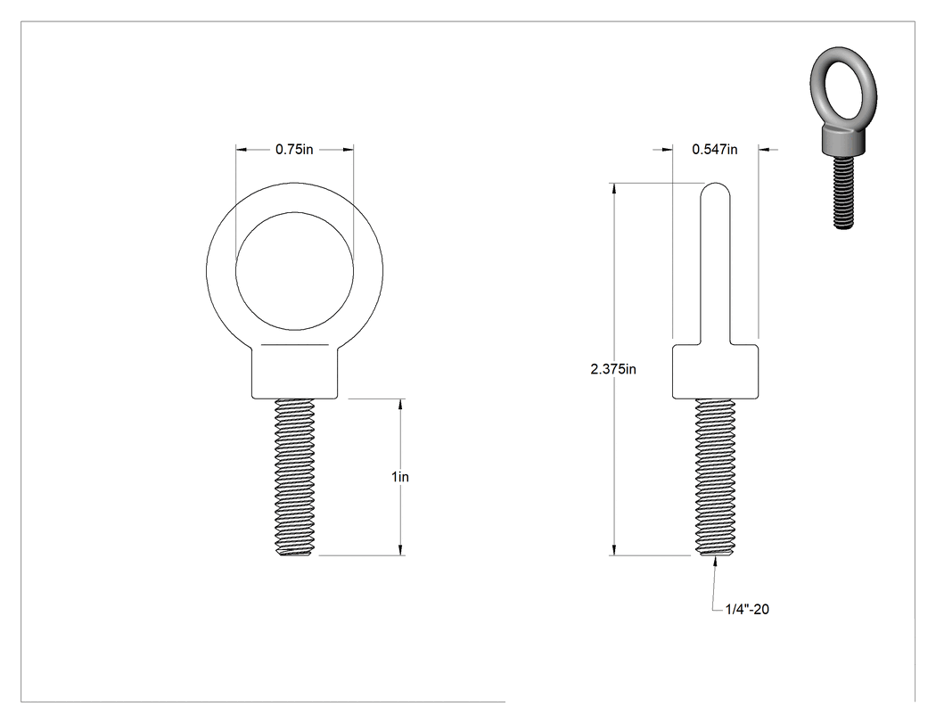 Teknik Çizim - Naylon Kaplı Halka Cıvata, Kaldırma için Omuzlu, 1/4"-20 Diş Boyutu, 1" Diş Uzunluğu