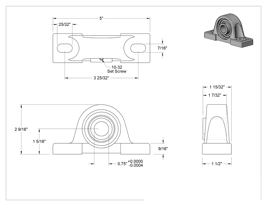Teknik Çizim - Kalıcı Yağlamalı Montajlı Bilyalı Rulman, 3/4" Mil Çapı için