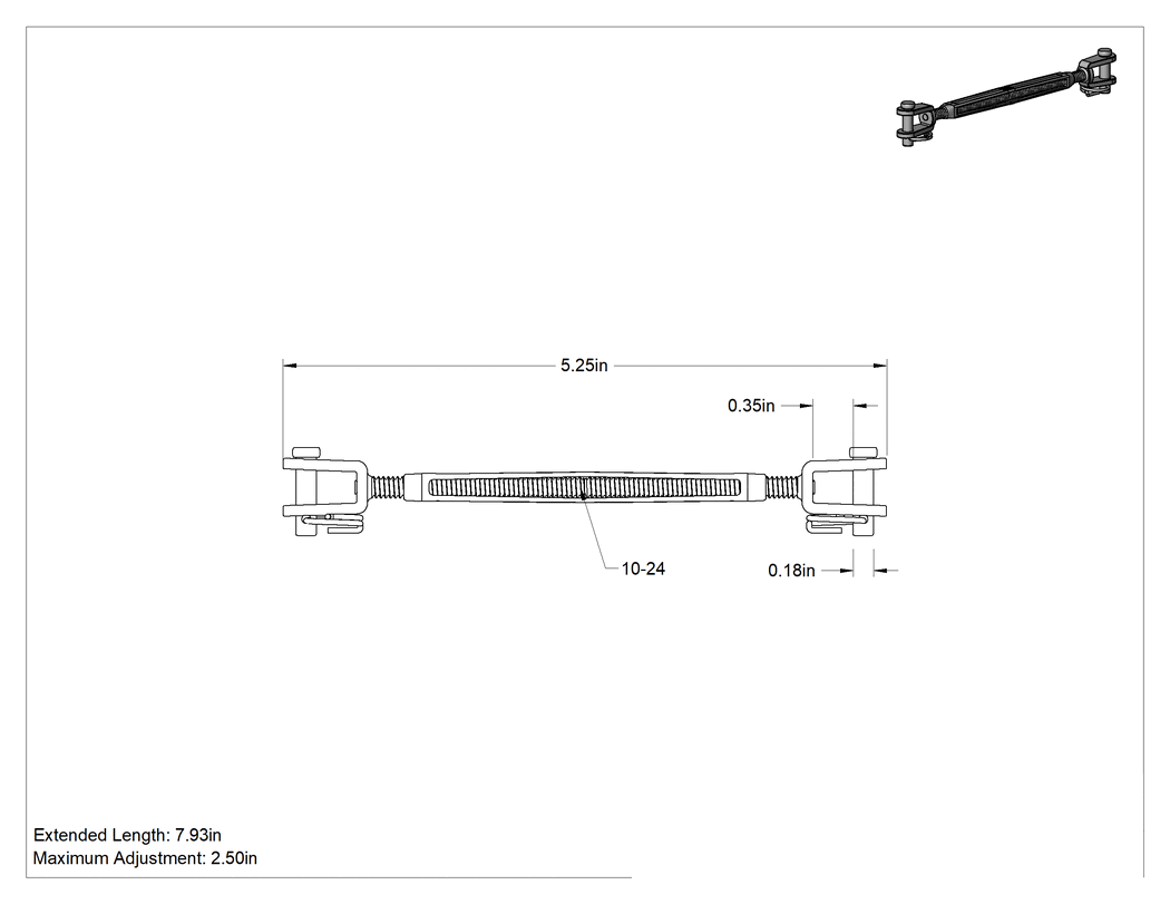 Teknik Çizim - 316 Paslanmaz Çelik Gerdirme - Kaldırma Amaçlı Değil, Çatal-Çatal, 300 lbs. Kapasite, 5-1/4" Geri Çekilmiş Uzunluk