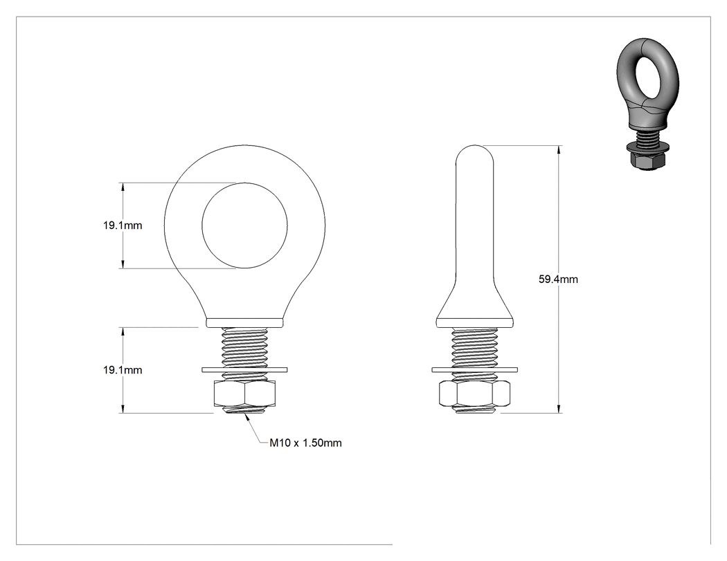 Teknik Çizim - Somunlu 316 Paslanmaz Çelik Halka Cıvata, ve Kaldırma Omuzlu, M10 x 1.5, 20 mm Diş Uzunluğu