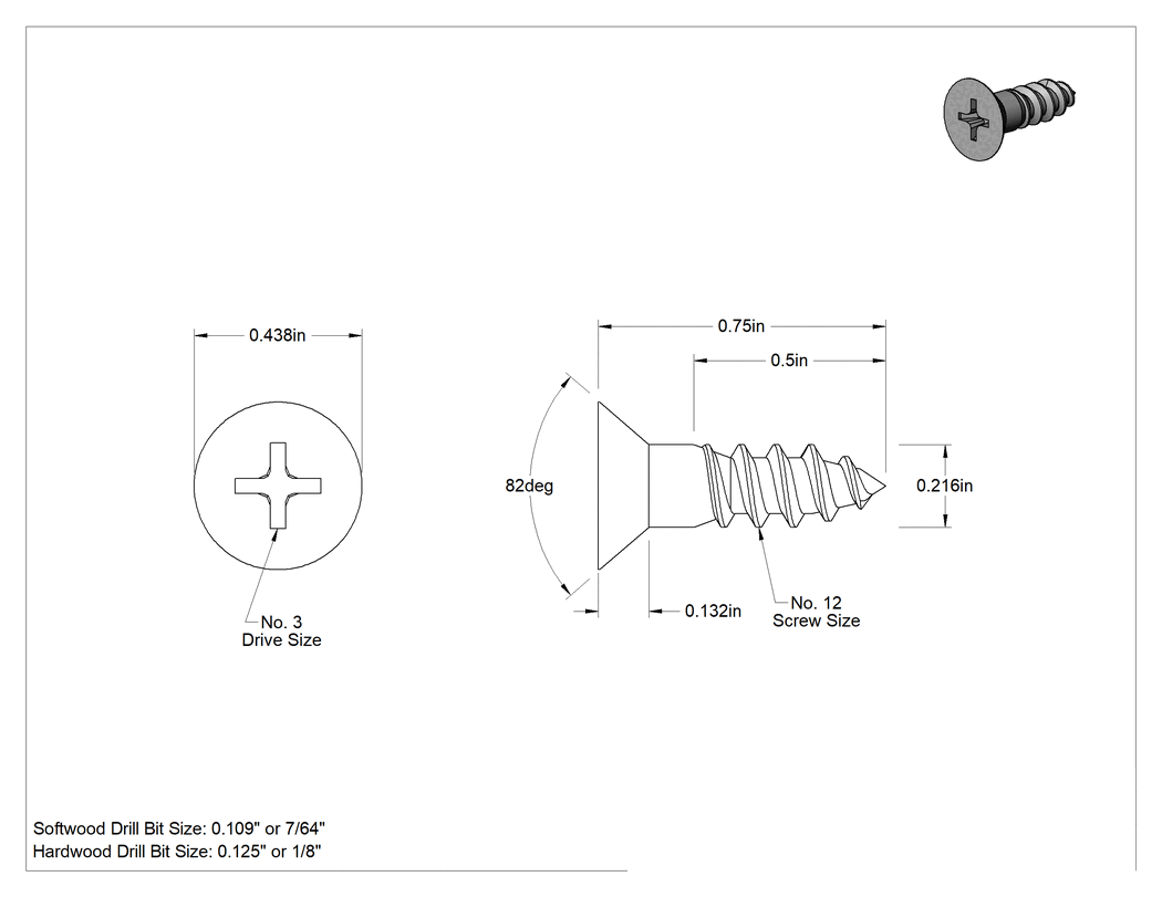 Teknik Çizim - Ahşap için Phillips Havşa Başlı Vidalar, Siyah Oksit Çelik, 12 Numaralı Boyut, 3/4" Uzunluk