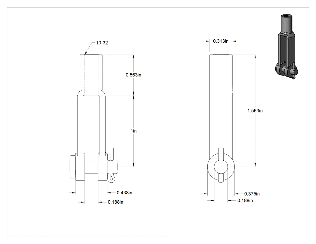 Teknik Çizim - Karbon Çelik Paslanma ve Aşınmaya Dayanıklı Çatal Ucu, 10-32 Şaft Dişi, 1-9/16" Şaft Merkez Uzunluğu
