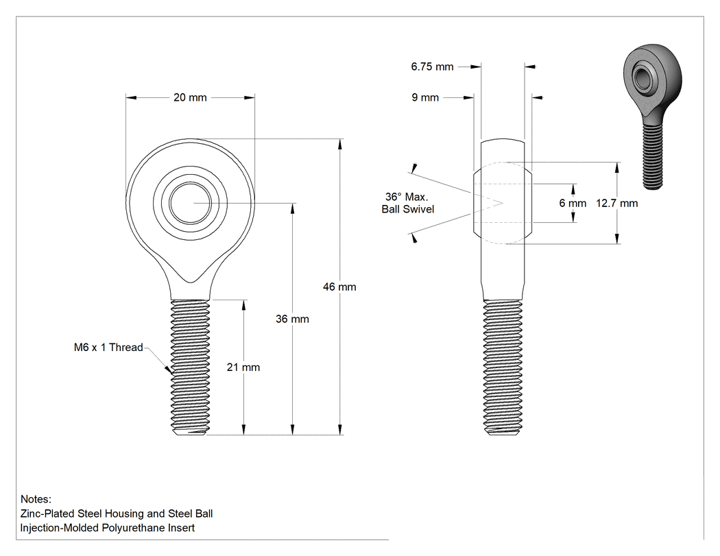 Teknik Çizim - Basınç Dereceli Bilyeli Mafsal Çubuk Ucu, M6 x 1 mm Diş, Sağ Yönlü