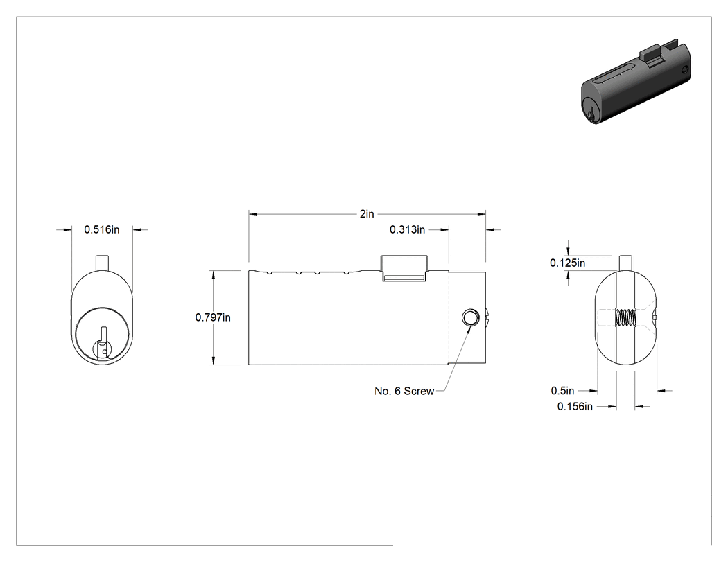 Teknik Çizim - Anahtarlı Dosya Dolabı Kilidi, Dikdörtgen Mandallı, 5/16" x 1/8" Arka Yiv