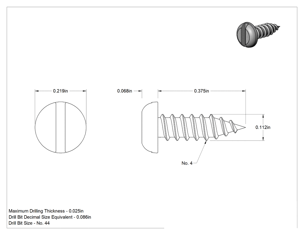 Teknik Çizim - Sac Metal için Yivli Yuvarlak Başlı Vidalar, 18-8 Paslanmaz Çelik, 4 Numara Boyut, 3/8" Uzunluk