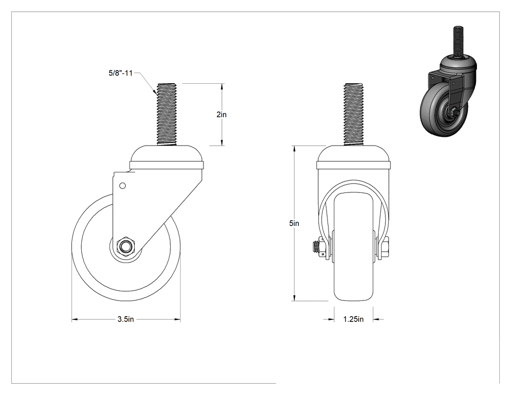 Teknik Çizim - Dişli Saplı Döner Tekerlek, 5/8"-11 Dişli ve 3-1/2" Çapında Poliüretan Tekerlekli