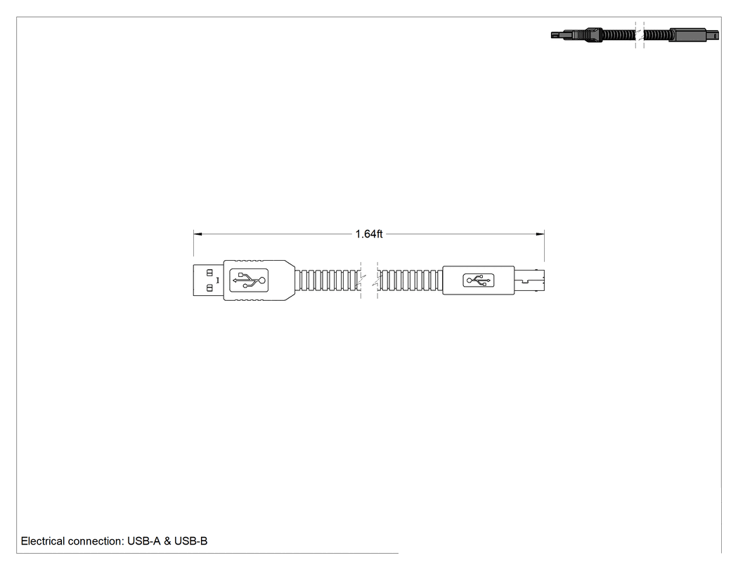 Teknik Çizim - Ezilmeye Dayanıklı USB Kablosu, PVC Yalıtımlı USB-A x USB-B Fişi, 1 Fit Uzunluğunda
