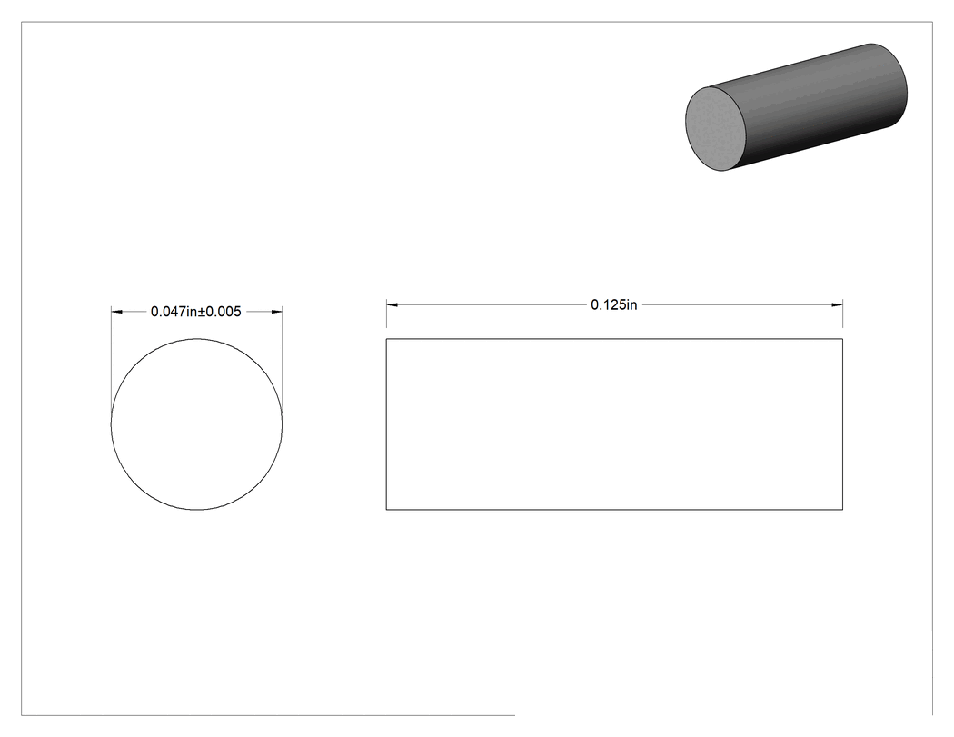Teknik Çizim - Asetal Silindirik Pimler, 3/64" Çap, 1/8" Uzunluk