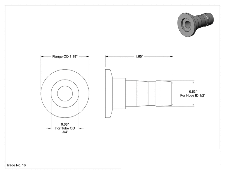 Teknik Çizim - Hızlı Kelepçeli Yüksek Vakum Bağlantı Parçası, 3/4" dış çaplı alüminyum boru için, 1/2" Hortum İç Çapı için Tırnaklı Uç
