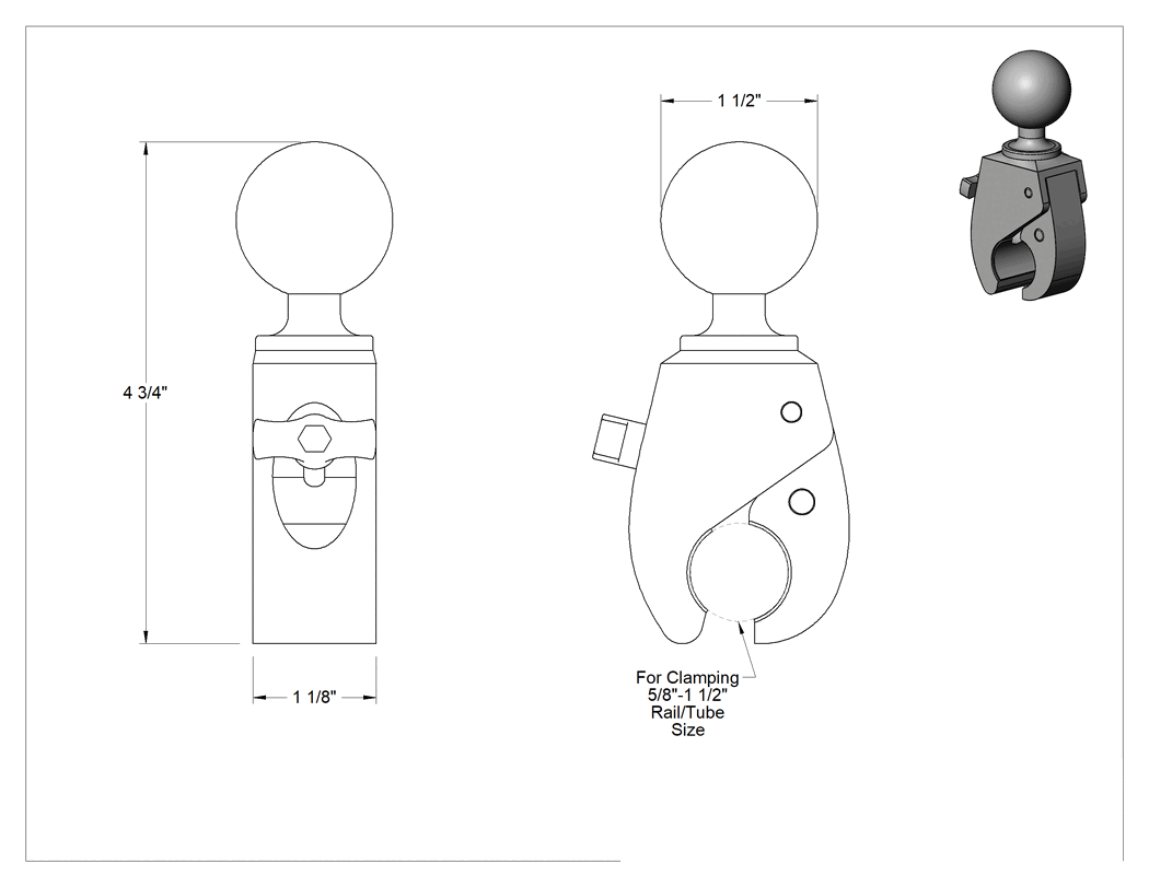 Teknik Çizim - 4-1/4" Yükseklikli Boru Montajlı Kelepçeli Taban, Top Tutma Konumlandırma Kolu için