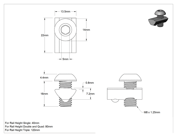 Teknik Çizim - T-Yuvalı Çerçeve Bağlantı Elemanları, Bilyeli Somun ve M8 Vida, 1.5 inç ve 40 mm Ray, Paslanmaz Çelik