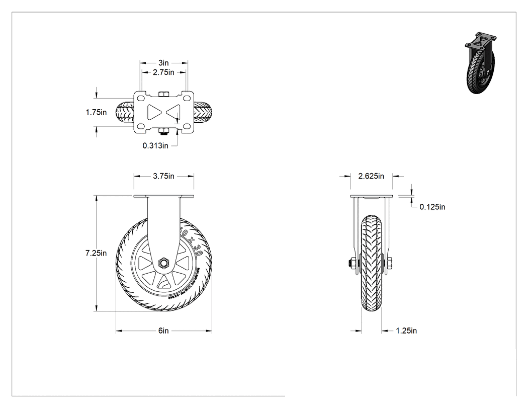 Teknik Çizim - 3-3/4" x 2-5/8" Montaj Plakalı Tekerlek, 6" Çaplı Siyah Pnömatik Kauçuk Tekerlekli Sert