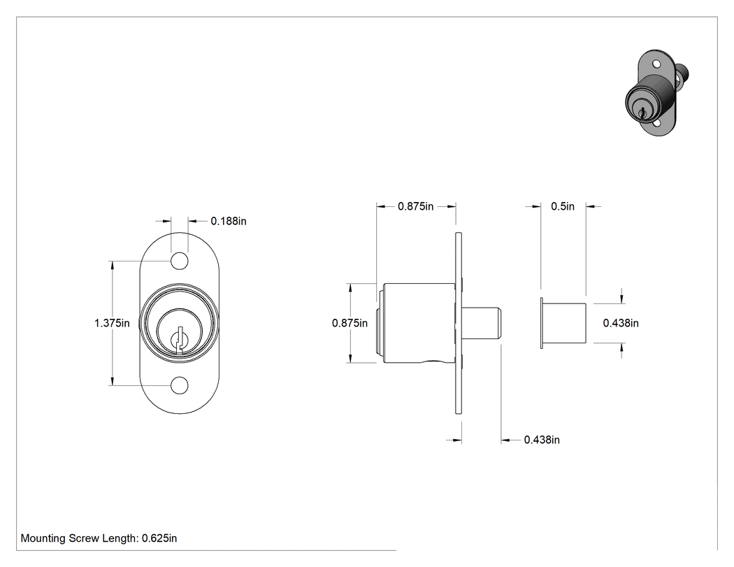 Teknik Çizim - Sürgü Kilidi, 7/8" Maksimum Kalınlıkta Kayar Dolap Kapısı için, Aynı Anahtarlı
