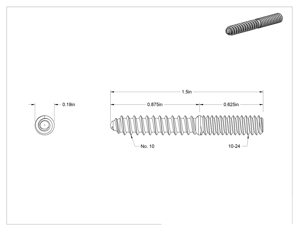 Teknik Çizim - Çelik Ahşap Vida Dişli Saplama, Siyah Oksit, 10 Numaralı Vida x 10-24 Saplama, 1-1/2" Uzunluk