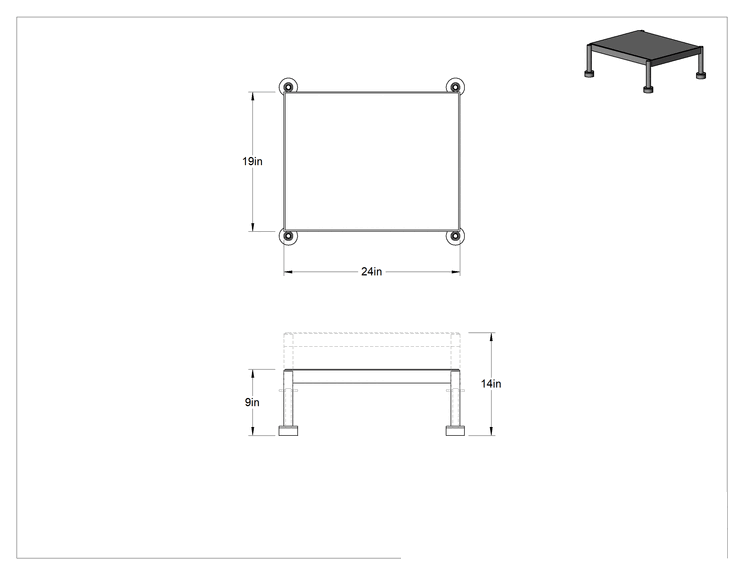Teknik Çizim - Yorgunluk Önleyici Çalışma Platformu, 9"-14" Yükseklik x 24" Genişlik x 19" Toplam Derinlik