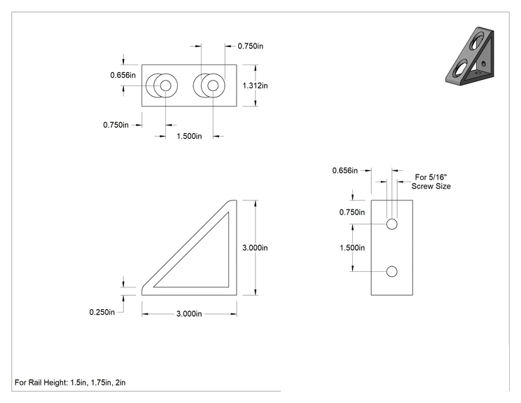 Teknik Çizim - Alüminyum Cıvatalı Çerçeveleme için 3" Uzunluk Açık Köşebent Köşe Braketi