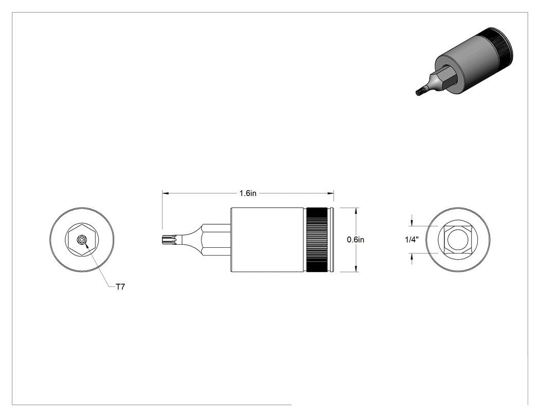 Teknik Çizim - Kurcalamaya Dayanıklı Torx Uçlu Soket, 1/4" Kare Tahrik, T7 Boyutu