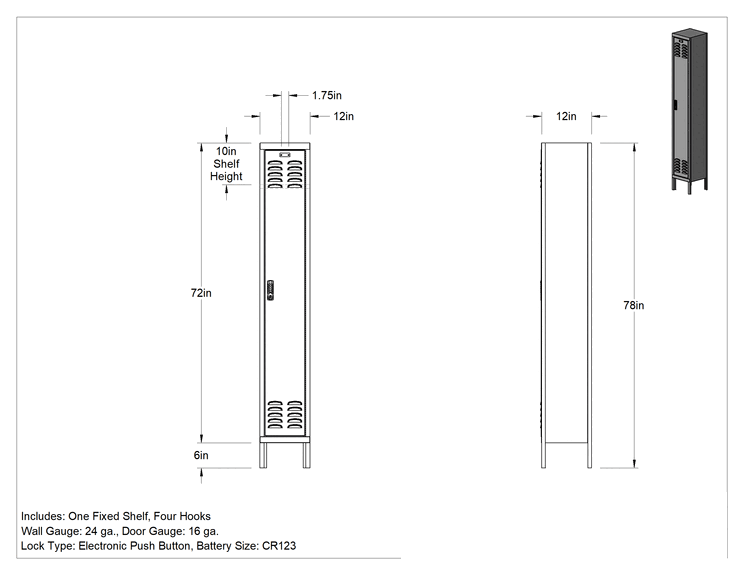 Teknik Çizim - Tuş Takımı Kilitli Dolap, 1 Aşağı x 1 Enine, 12" Genişlik x 12" Derinlik x 72" İç Yükseklik
