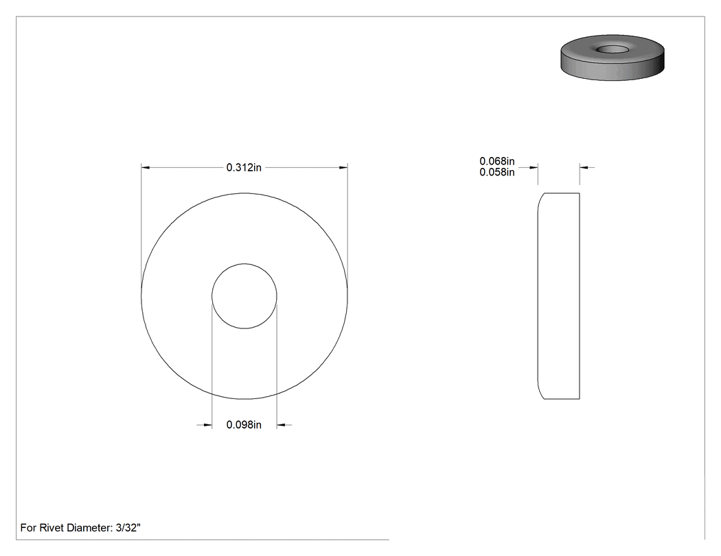 Teknik Çizim - Pop Perçinler için Pullar, Alüminyum, 3/32" Perçin Çapı için, 0.098" İç Çap, 0.312" Dış Çap