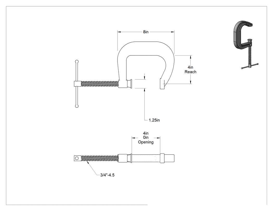 Teknik Çizim - Uzatılmış Erişimli C-Kelepçesi, Kayan T-Kolu, 0" - 4" Açıklık, 4" Uzanma