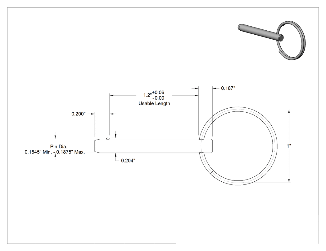 Teknik Çizim - Çinko Kaplı Çelik Halka Tutamaklı Hızlı Açma Pimi, 3/16" Çap, 1-3/16" Kullanılabilir Uzunluk