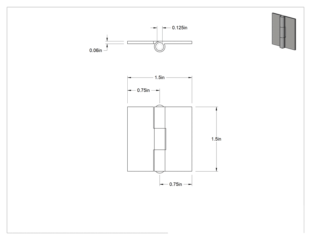 Teknik Çizim - Delikli Menteşe, Çıkarılamayan Pim, 1-1/2" x 3/4" x 0.060" Kanatlar, 1.5" Genişlik