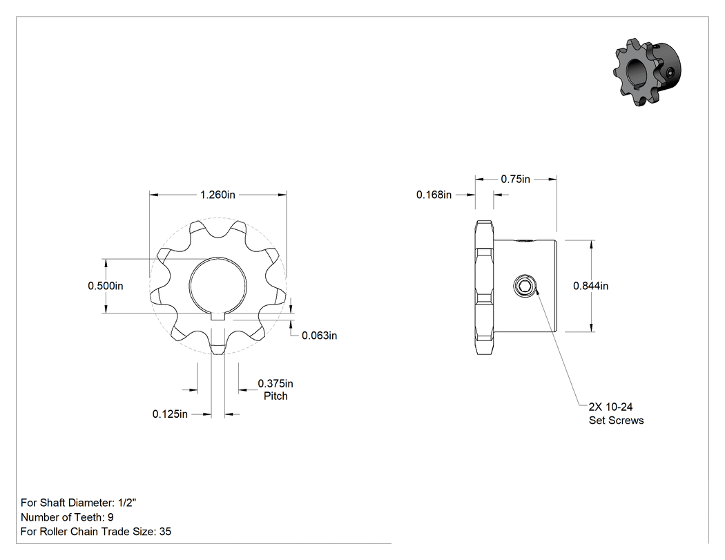 Teknik Çizim - Çelik Tek Sıralı Dişli, ANSI 35 Makaralı Zincir ve 1/2" Mil Çapı için, 9 Diş