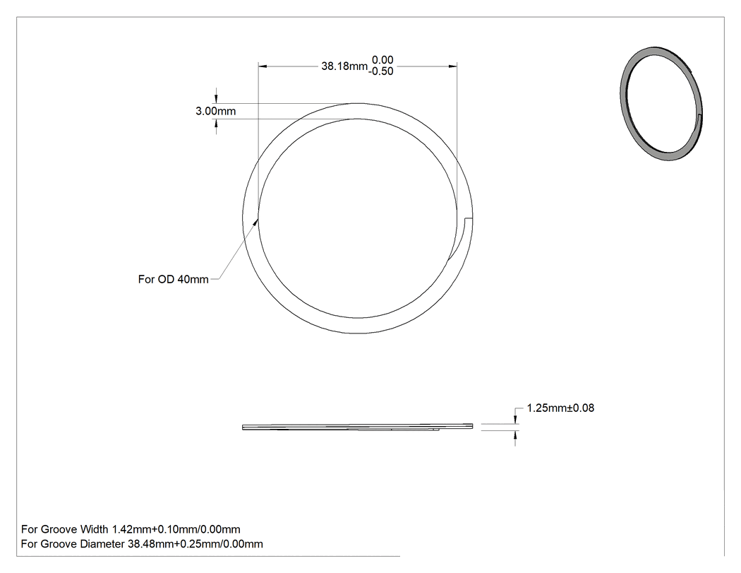 Teknik Çizim - Spiral Dış Segman, 40 mm Dış Çap için, 18-8 Paslanmaz Çelik