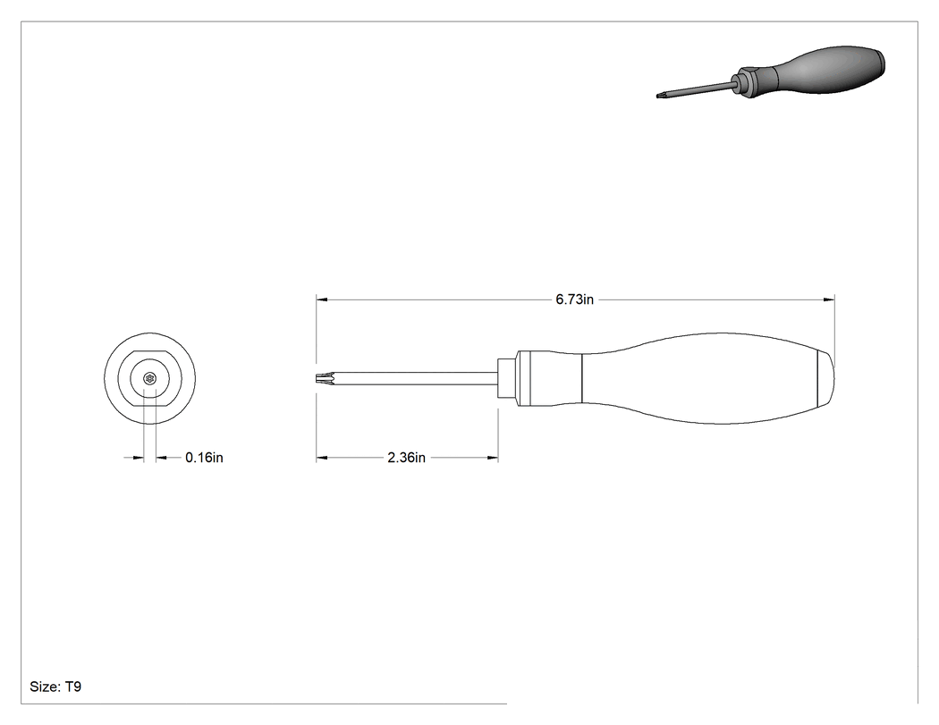 Teknik Çizim - Kurcalamaya Dayanıklı Torx Tornavida, Ultra Grip, T9 Tahrik Boyutu