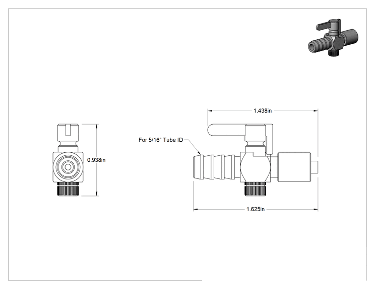 Teknik Çizim - Luer Lock Bağlantı Parçalı Açma/Kapama Vanası, Pirinç Gövde, Kilit Halkalı Erkek x 5/16" İç Çaplı Boru, Tırnaklı