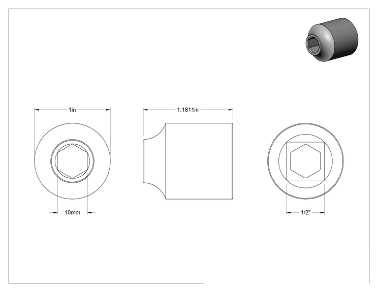 Teknik Çizim - Kıvılcım Çıkarmayan 6 Uçlu Lokma Anahtarı, 1/2" Kare Tahrik, 10 mm Boyut