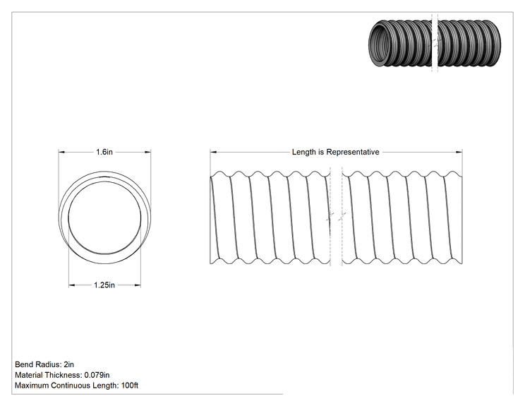 Teknik Çizim - Statik Kontrol Kanal Hortumu, Metal Talaşları ve Yonga için, 1-1/4" İç Çap, 1-5/8" Dış Çap