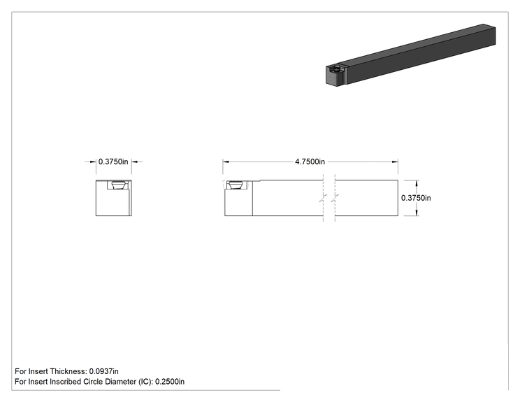 Teknik Çizim - Hassas Karbür Uç Tutucu, SCLC, Sağ Yönlü, 3/8" Şaft, 1/4" İç Çap için