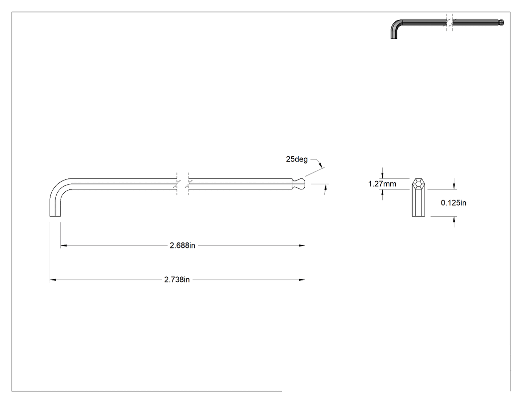 Teknik Çizim - Kısa Açılı Tahrikli Top Uçlu Altıgen L Anahtarı, Krom Kaplı Alaşımlı Çelik, 1.27 mm Tahrik Boyutu, 2-7/8" Toplam Uzunluk