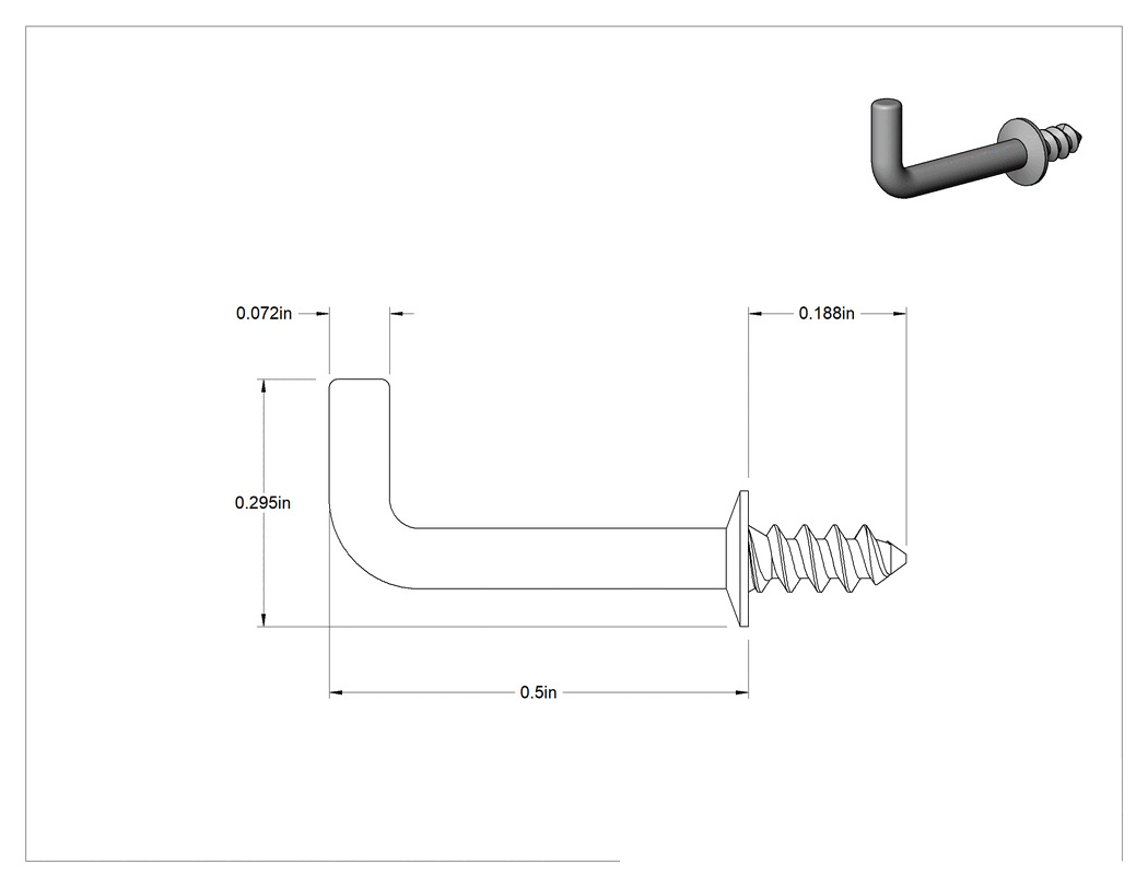 Teknik Çizim - Vidalı Asma Kancası, Duvara Montaj, 0.07" Tel Çapı, 1/2" Çıkıntı, 1/4" Toplam Yükseklik