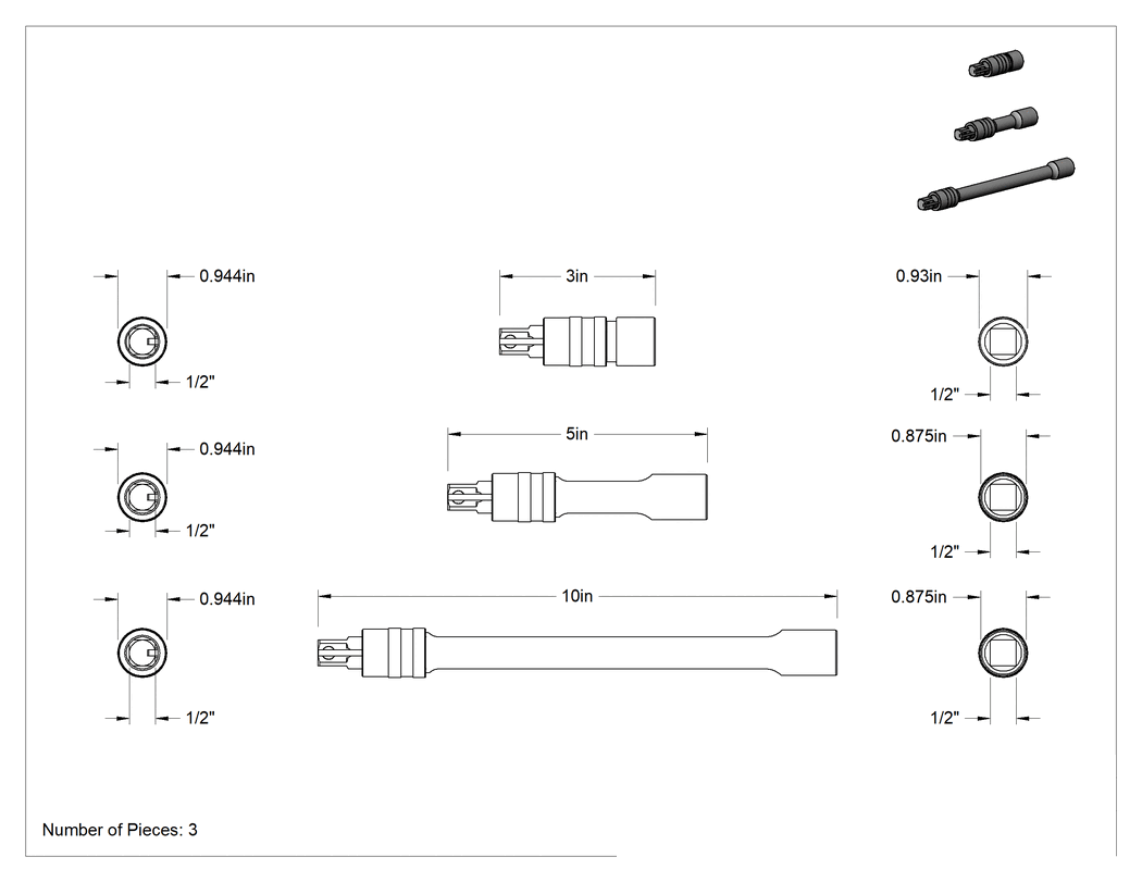Teknik Çizim - Darbe Soket Uzatma Seti, 1/2" Kare Tahrik, 3 Parça