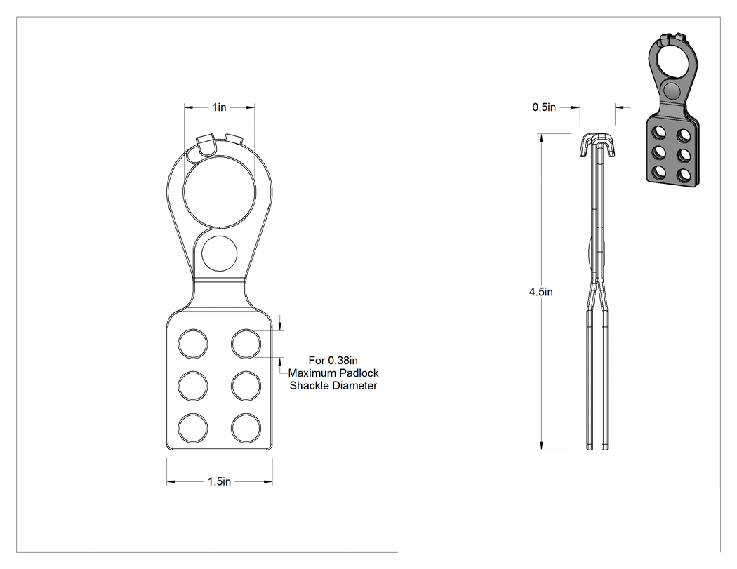 Teknik Çizim - Kaldırmaya Dayanıklı Kilitli Mandal Kilidi, Toz Boyalı Çelik, 1" x 1" Mandal Boşluğu