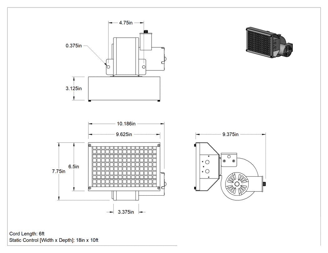 Teknik Çizim - Üfleyici İyonlaştırıcı, Filtreli, 148 CFM Hava Akışı