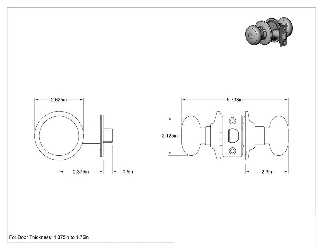 Teknik Çizim - Kapı Topuzu, 2-3/8" Boğaz Mesafesi, Krom