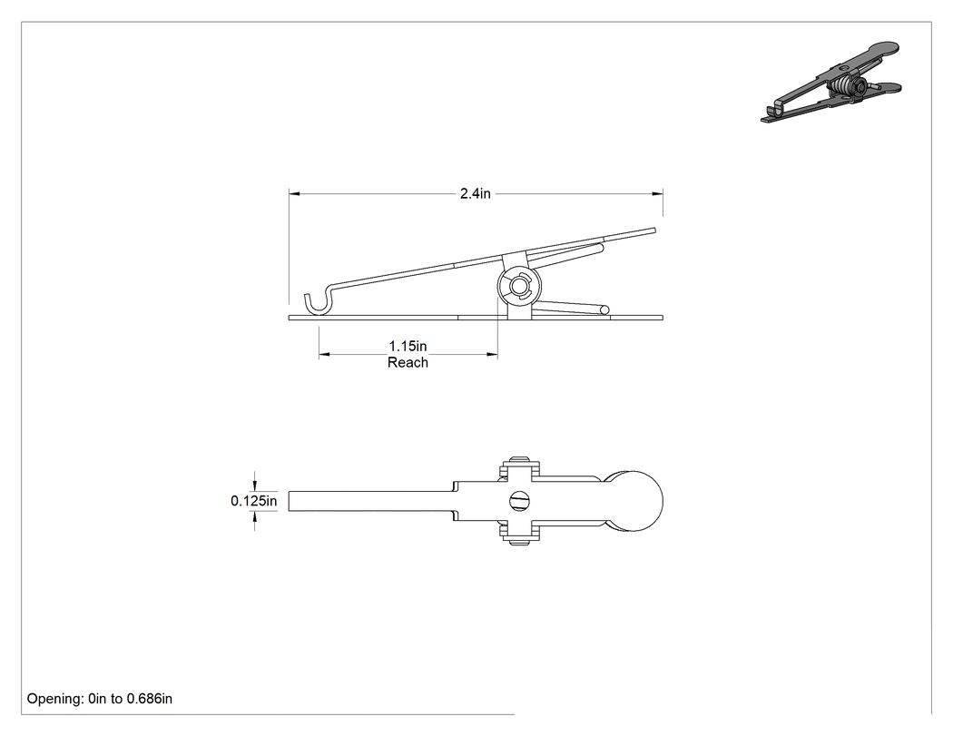 Teknik Çizim - Minyatür Yaylı Kelepçe, 17-7 PH Paslanmaz Çelik, 5/16" Açılır, 2-3/8" Uzunluk, 1/8" Genişlik, Uzun Alt Çene